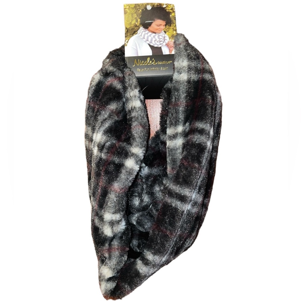 NWT Nicole’s Boutique - Infinity Scarf - Faux Fur - Plaid Black, Grey and Red
